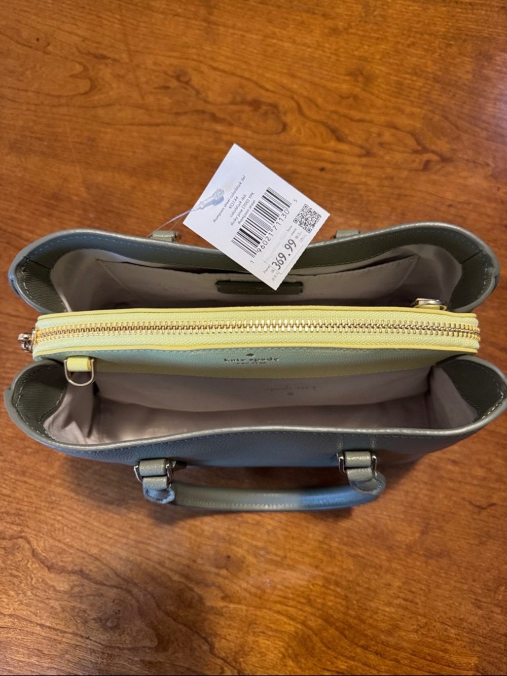 Kate Spade Two-Tone Pebbled Satchel in Sage Green and Lemon